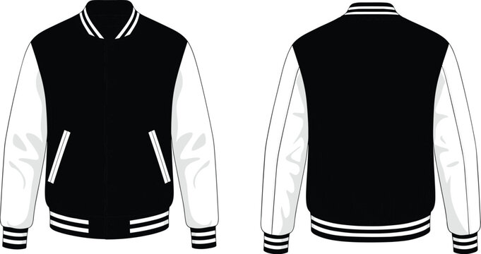 Varsity jacket front and back view outline illustration, classic bomber jacket apparel design template for fashion mockup and clothing branding