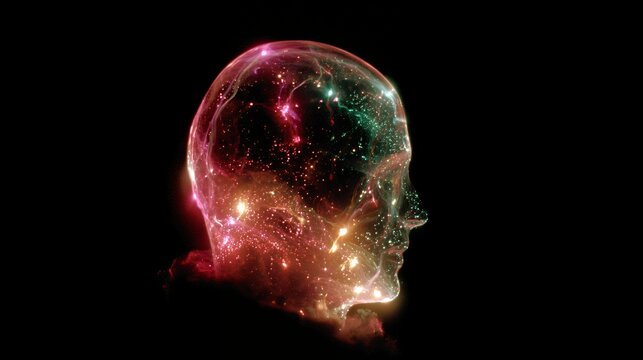 Glowing alien head filled with colorful galaxy and stars