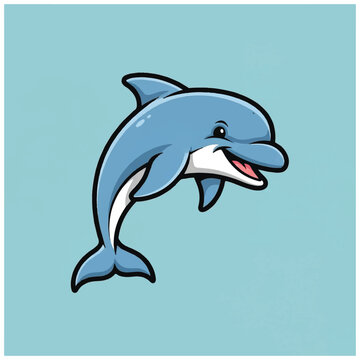 Cartoon smiling blue dolphin jumping.