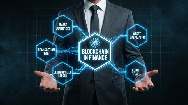 A businessman presenting blockchain technology in finance with smart contracts and decentralized ledger