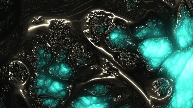 Abstract macro footage of glowing turquoise fluid surrounded by dark metallic ripples and glossy reflections, creating a futuristic liquid texture background for design