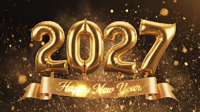 Gold foil balloons spell "2027" above a  banner reading "Happy New Year" against a dark, sparkling background.
