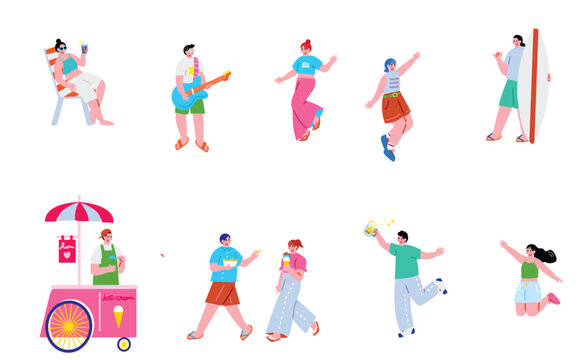 夏を満喫する人々のイラストセット