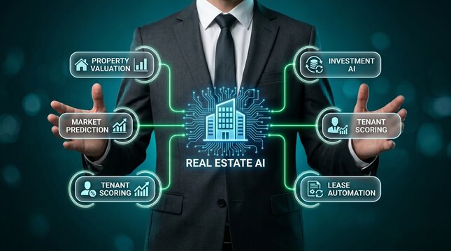A businessman in a suit interacting with a futuristic real estate AI interface
