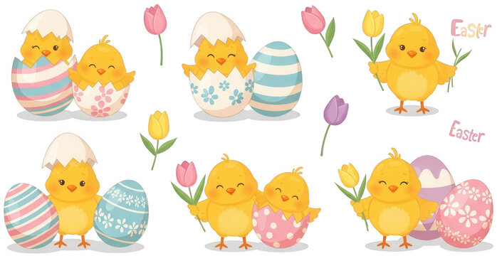 Cute Chick png Easter Egg cutout Hatching Chicken png Spring Flower cutout Cartoon Chicklet png Pastel Easter cutout Baby Bird png Isolated Element cutout isolated transparent background image