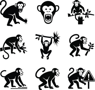 Black silhouettes of monkeys in various poses and actions primates animals warning sign