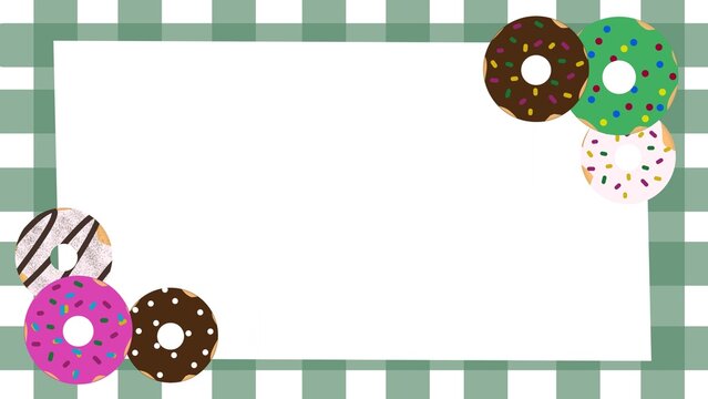 Donut themed on green gingham frame with various flavored donuts on the corners. Perfect for invitations, posters, menus, and bakery themed design.
