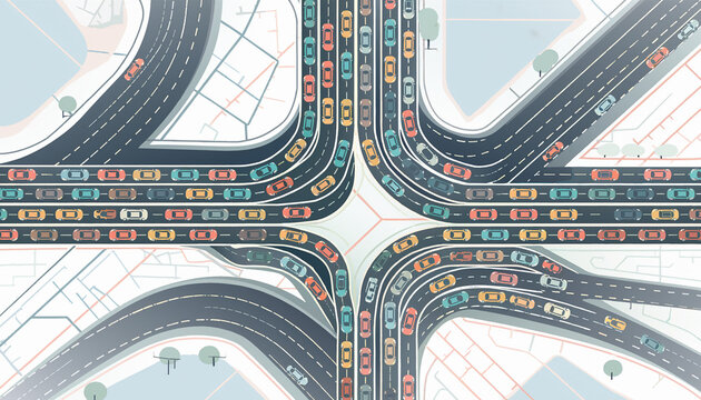 An overhead illustrative view of a busy urban road intersection with multiple lanes of cars in heavy traffic congestion, forming a complex transportation network.