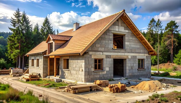 A house under construction with a copper roof and stone walls