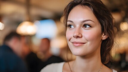Obraz premium A contemplative portrait of a young woman smiling while seated in a warmly lit soft focus cafe setting