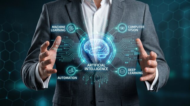 A businessman in a suit interacting with a futuristic artificial intelligence interface