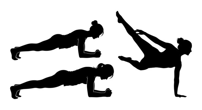 Demonstration of various yoga and fitness plank and bridge poses for core strengthening. Vector, illustration