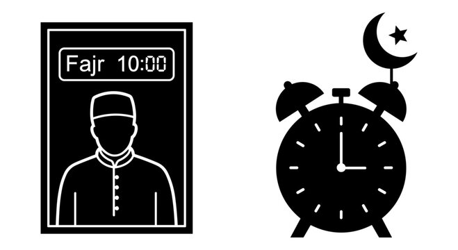 Person and alarm clock depicting fajr prayer time with crescent moon icon Vector, illustration
