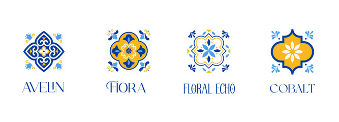 Naklejka premium Traditional Azulejo Portuguese tile patterns collection. Ornamental Mediterranean ceramic set. Moroccan decorative elements and vector illustrations.
