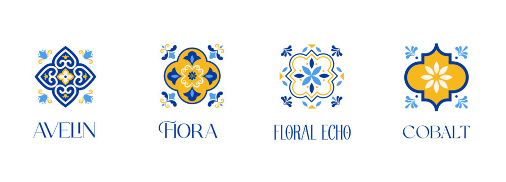 Traditional Azulejo Portuguese tile patterns collection. Ornamental Mediterranean ceramic set. Moroccan decorative elements and vector illustrations.