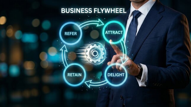 A businessman in a suit interacting with a digital business flywheel diagram in a modern office setting