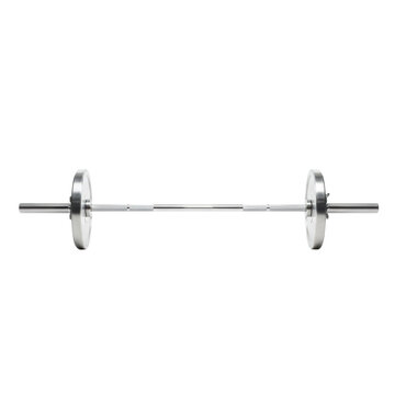 Single brushed stainless steel barbell with diamond knurling centered on a transparent studio background with soft highlights. professional fitness equipment concept