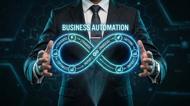 A businessman in a suit interacting with a futuristic business automation interface