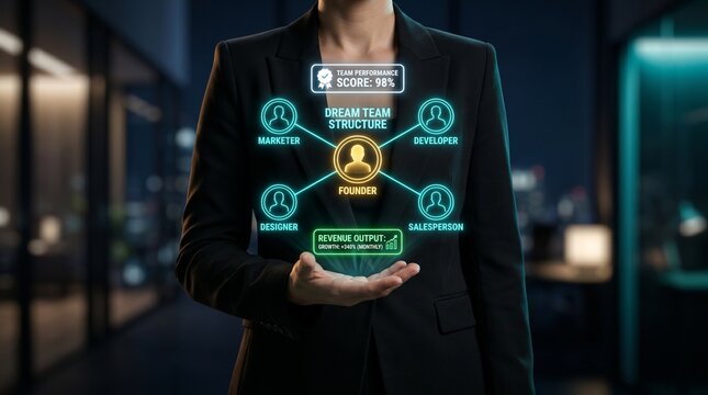 A businesswoman presenting a dream team structure in a modern office setting with a futuristic interface