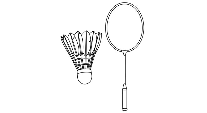A simple black and white illustration depicts a badminton shuttlecock and a badminton racket side by side