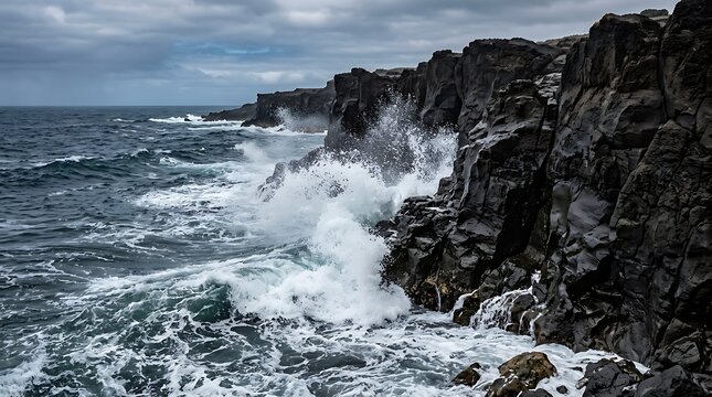 Unleashed ocean power as crashing waves meet dark, jagged cliffs, painting a vivid picture of nature's relentless energy and rugged coastal grandeur
