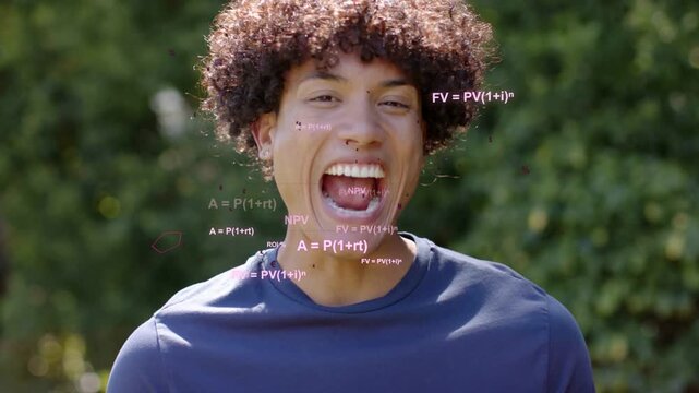 Man smiling then laughing in garden, animated financial formulas appearing over face and shirt
