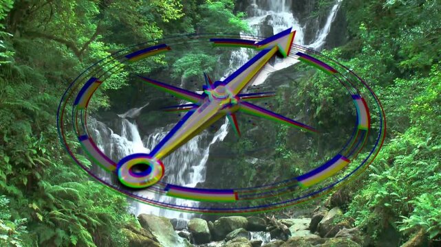 3D compass floating centered over waterfall, frames starting rotation, showing RGB fringe for tech