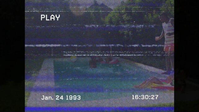 Man entering frame at home pool, bending over and checking float, VHS PLAY stamp overlaying