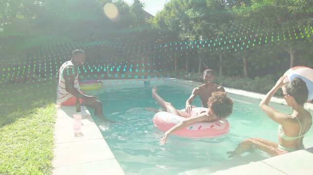 Left man tossing beach ball, friends catching and steadying inflatable in pool for marketing