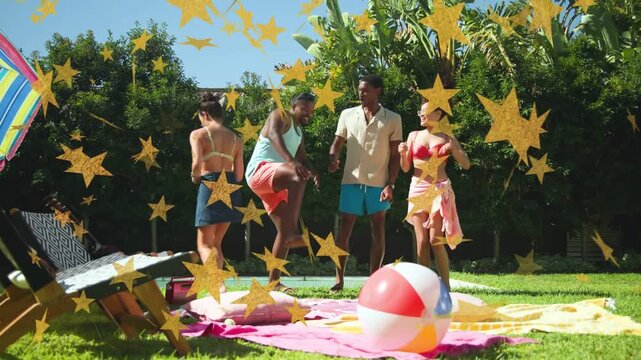 Speaker playing music, four friends dancing poolside for lifestyle, confetti obscuring them