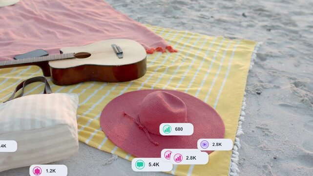 Red hat sitting on towel fourth frame making floating badges stacking and spreading for marketing