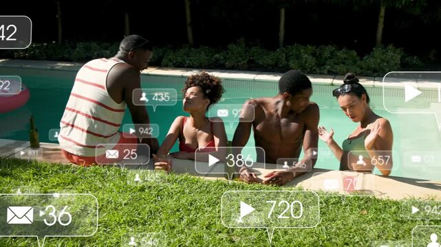Man by pool leaning and speaking, friends smiling as social icons multiplying gaining reach
