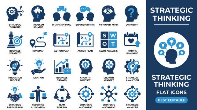 strategic thinking solid icon set. vision, planning, analysis, logic, solution, leadership. editable vector illustration collection set.