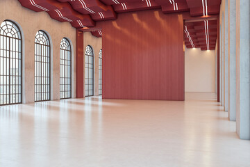 Naklejka premium Spacious modern gallery interior featuring tall arched windows, expansive light-filled room and bold red central wall creating a contemporary exhibition space. 3D Rendering