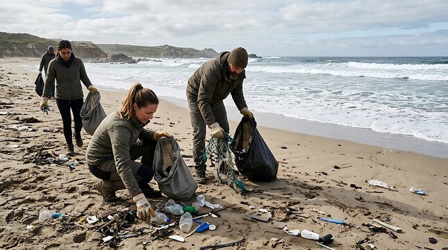 Coastal cleanup volunteers collect plastic and trash from a beach, preserving the marine environment for future generations