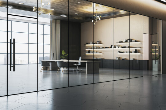 Modern corporate office interior with glass partitions, sleek furniture, illuminated shelves and spacious contemporary workspace design. 3D Rendering