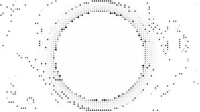 Black and white halftone circle made of clean dots and scattered particles. Minimal abstract pattern with digital data visualization feel and sharp graphic contrast.