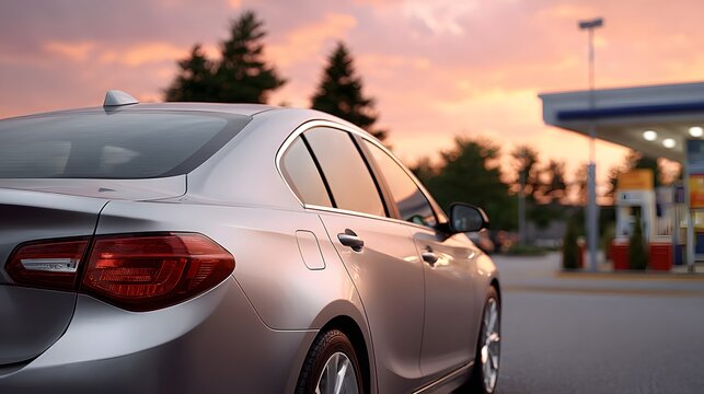 Silver car at gas station with sunset sky petrol station convenience store