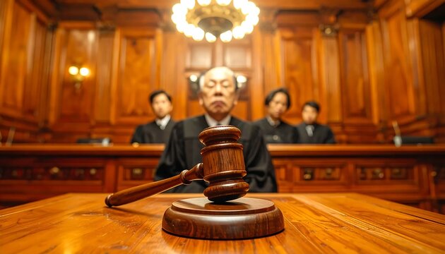 Wooden Gavel In Sharp Focus With Judges In Black Robes Seated In A Warm Wood Paneled Courtroom Interior