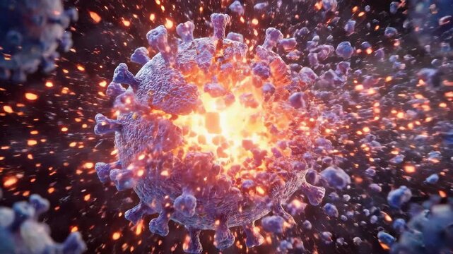 3d render of a virus cell exploding in space, suitable for science reports, medical news, healthcare education, biology research, and laboratory media.