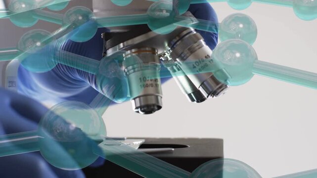 Blue gloved hands entering frame starting turret spin aligning slide centering lens over sample