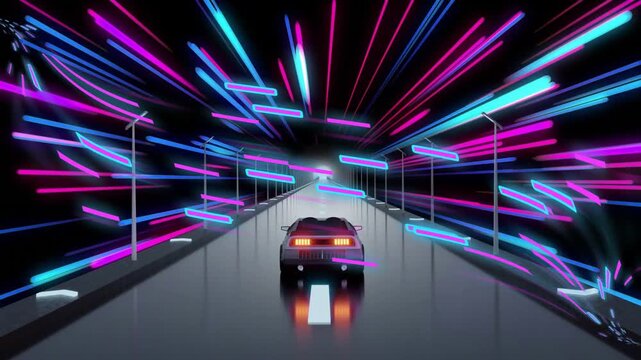 Sports car moving toward bright exit neon streaks appearing and growing, adding speed for auto ad