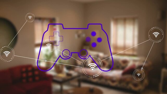WiFi icon appearing, purple controller linking nodes and pulsing mesh across soft room for gaming