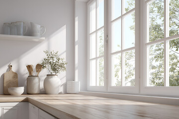 Fototapeta premium A sun-drenched, bright kitchen corner features a wooden counter, a window with a verdant view, and simple decor
