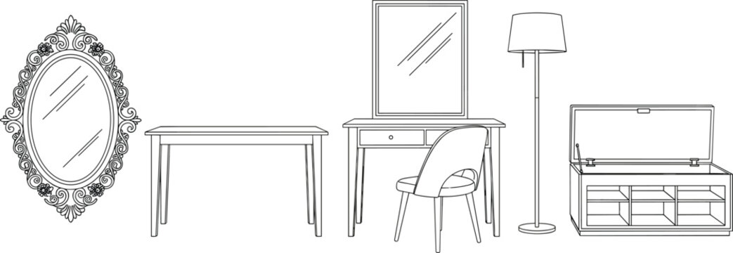 Modern and Vintage Home Furniture Icon Set Featuring Dressing Table with Mirror Floor Lamp Ornate Wall Mirror and Storage Bench for Interior Design Graphic Projects