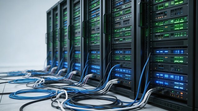 Rows of server racks with cables