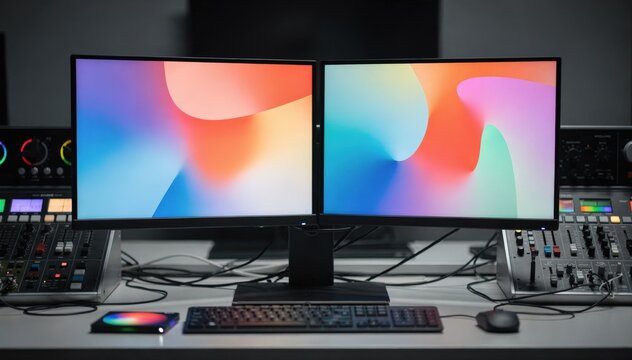 Studio space for Bluray authoring in medium shot highlighting a dual monitor setup with vibrant color charts in sharp focus surrounded by softly blurred controls.