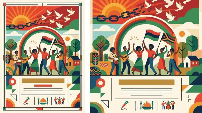 Vibrant Juneteenth Freedom Day Celebration Poster Featuring African American People Dancing Playing Music and Symbolic Broken Chains