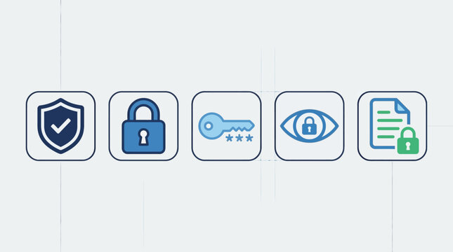 Set of modern flat icons for cybersecurity, data protection, digital privacy, and information security management systems.