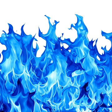 Intense blue flames dance against a stark white background